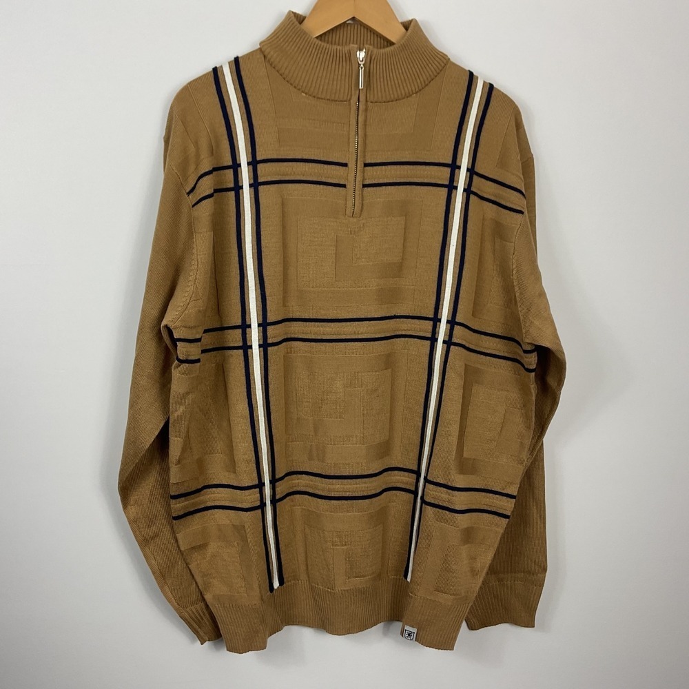 Stacy Adams Mens Tan Plaid Quarter Zip Knit‎ Sweater XL